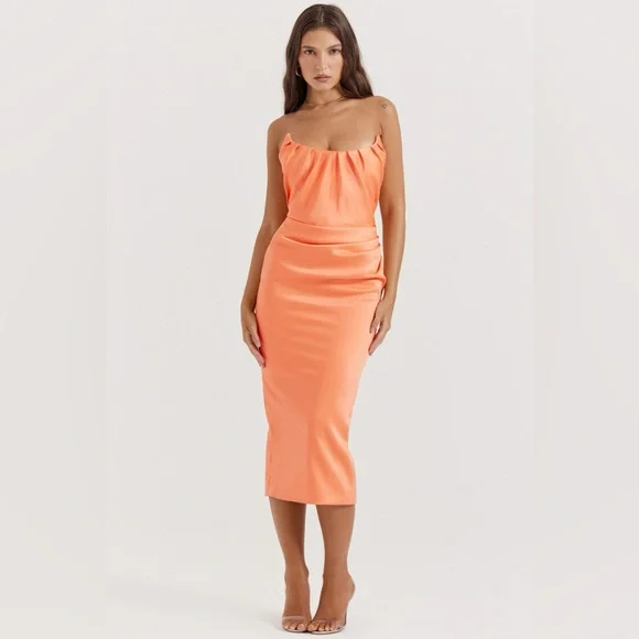 HOUSE OF CB ALORA TANGERINE STRAPLESS CORSET MIDI DRESS, Size Small,$255 - Picture 5 of 15